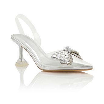 CHARLIE Clear Strap Rhinestone Bow Accent Slingback Heeled Sandals