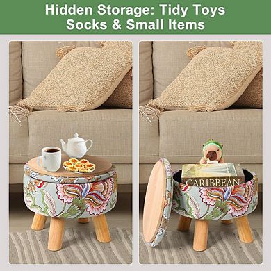 Round Storage Ottoman with Reversible Tray, Padded Footstool, Anti-Slip Pads