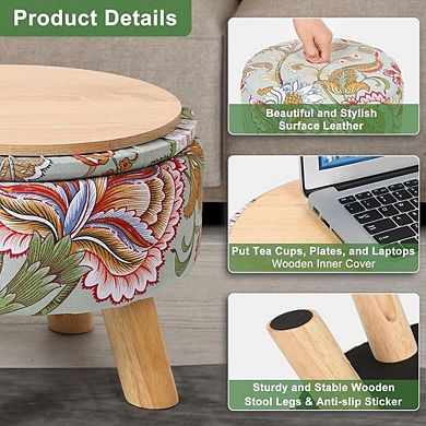 Round Storage Ottoman with Reversible Tray, Padded Footstool, Anti-Slip Pads
