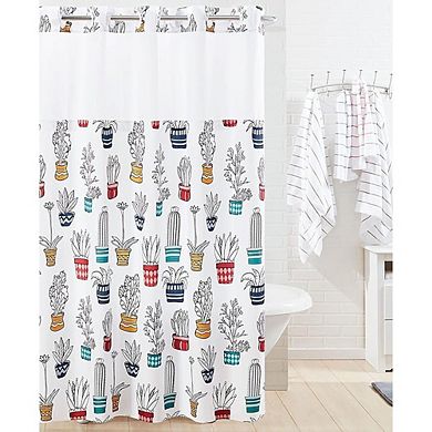 Cactus Print Shower Curtain Set with Snap-In Liner, No Hooks, Machine Washable