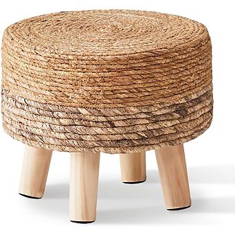 Seagrass Round Pouf Ottoman Handwoven Footrest Wood Legs Accent Seat