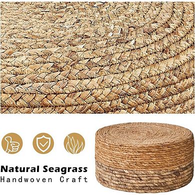 Seagrass Round Pouf Ottoman Handwoven Footrest Wood Legs Accent Seat