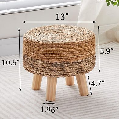 Seagrass Round Pouf Ottoman Handwoven Footrest Wood Legs Accent Seat