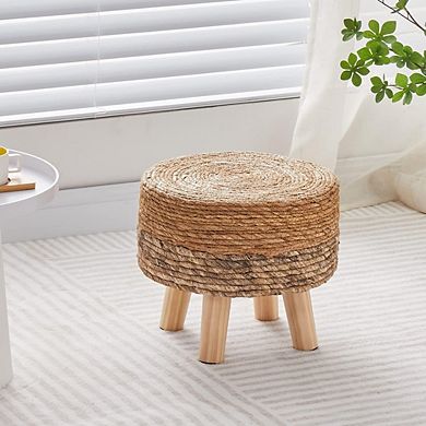 Seagrass Round Pouf Ottoman Handwoven Footrest Wood Legs Accent Seat