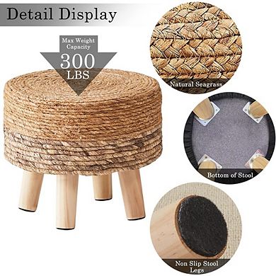 Seagrass Round Pouf Ottoman Handwoven Footrest Wood Legs Accent Seat