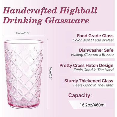 4-Piece Highball Glass Set Vintage Crosshatch Tumblers for Drinks
