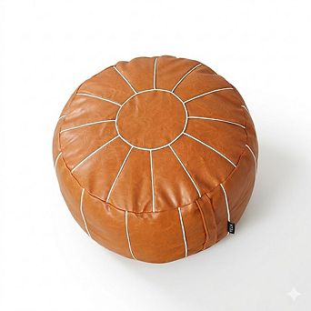 Handmade Faux Leather Pouf Cover, Moroccan Style, Round Footstool