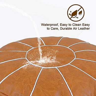Handmade Faux Leather Pouf Cover, Moroccan Style, Round Footstool