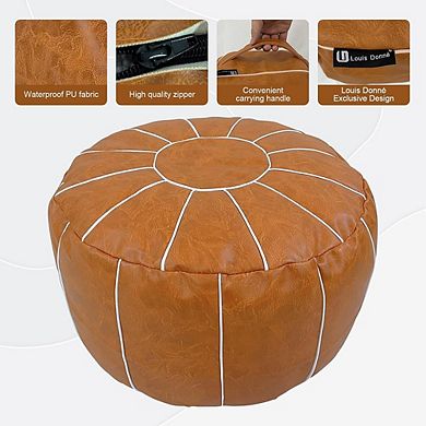 Handmade Faux Leather Pouf Cover, Moroccan Style, Round Footstool