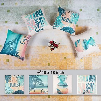 Hello Summer Pillow Covers Set of 4, Beach Theme Decorative Cushion Covers Outdoor Decor