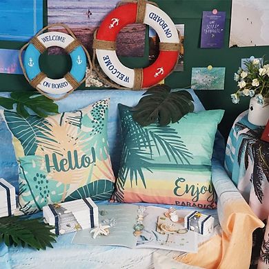 Hello Summer Pillow Covers Set of 4, Beach Theme Decorative Cushion Covers Outdoor Decor