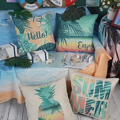 Hello Summer Pillow Covers Set of 4, Beach Theme Decorative Cushion Covers Outdoor Decor