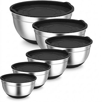 6 pc Stainless Steel Mixing Bowls with Lids Non-Slip & Dishwasher Safe