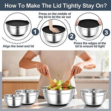 6 Piece Stainless Steel Mixing Bowls with Lids Non-Slip & Dishwasher Safe