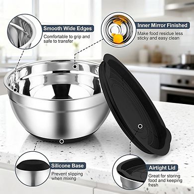 6 Piece Stainless Steel Mixing Bowls with Lids Non-Slip & Dishwasher Safe
