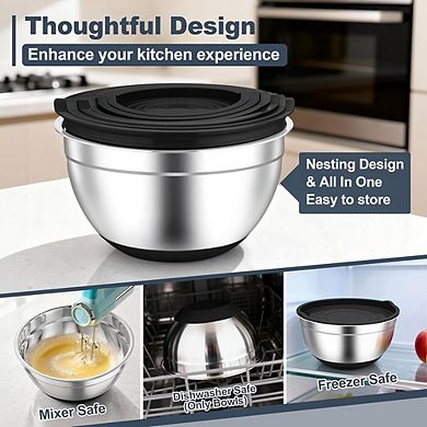 6 Piece Stainless Steel Mixing Bowls with Lids Non-Slip & Dishwasher Safe