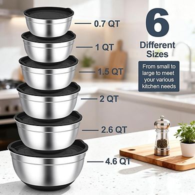 6 Piece Stainless Steel Mixing Bowls with Lids Non-Slip & Dishwasher Safe