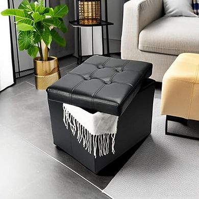 Folding Storage Ottoman, Padded Leather Footstool, Multi-Use Bench