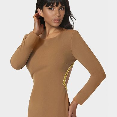 Women's bebe Long Sleeve Open Back Midi Dress with Rhinestone Trim