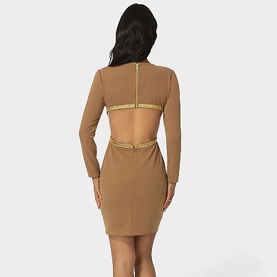 Women's bebe Long Sleeve Open Back Midi Dress with Rhinestone Trim