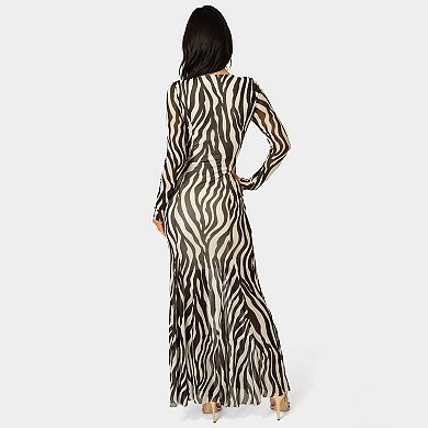 Women's bebe Long Sleeve Powermesh Zebra Pattern Dress
