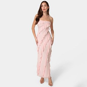 Women's bebe Strapless Mesh Ruffle Maxi Dress