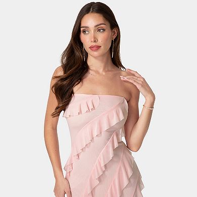 Women's bebe Strapless Mesh Ruffle Maxi Dress
