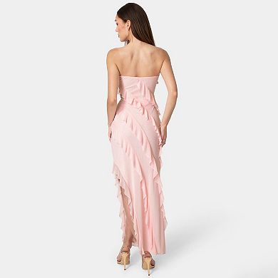 Women's bebe Strapless Mesh Ruffle Maxi Dress