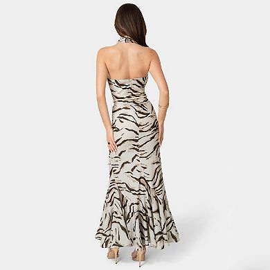 Women's bebe Printed Halter Flare Maxi Dress
