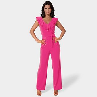Women's bebe V-Neck Ruffle Crepe Jumpsuit