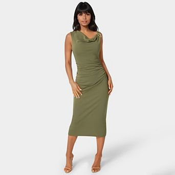 Women's bebe One Shoulder Trim Strap Midi Dress
