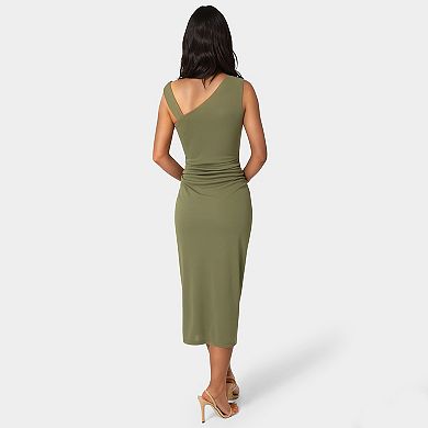 Women's bebe One Shoulder Trim Strap Midi Dress