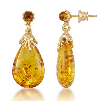 Tori Hill 18k Gold Over Sterling Silver Genuine Honey Amber Teardrop Dangle Earrings