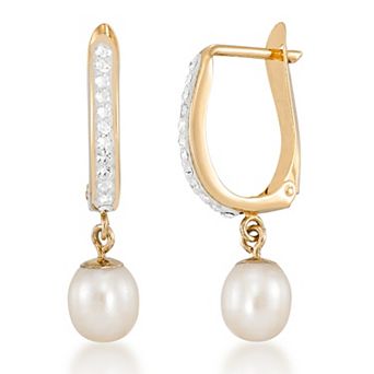 Tori Hill 14k Gold Over Sterling Silver Clear Pave Crystal Huggie Earrings with Natural Cultured Pearls