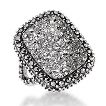 Tori Hill Sterling Silver Genuine Marcasite & Drusy Cushion Shape Halo Ring