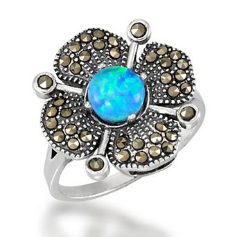Tori Hill Sterling Silver Genuine Marcasite and Synthetic Opal Clover Flower Ring