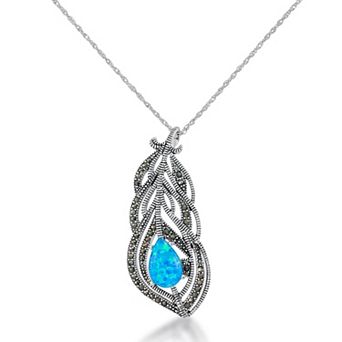 Tori Hill Sterling Silver Genuine Marcasite & Simulated Opal Pendant Necklace