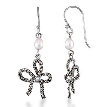 Tori Hill Sterling Silver Genuine Marcasite & Freshwater Cultured Pearl Bow Dangle Earrings