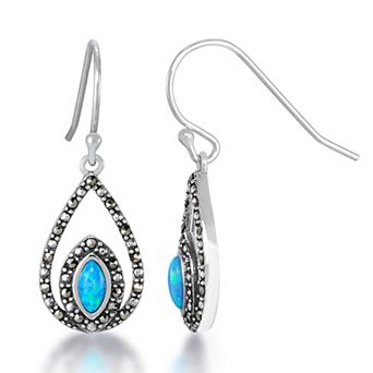 Tori Hill Sterling Silver Genuine Marcasite & Simulated Opal Teardrop Dangle Earrings