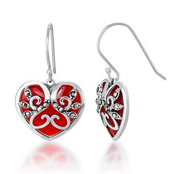 Tori Hill Sterling Silver Genuine Marcasite and Red Glass Filigree Heart Dangle Earrings