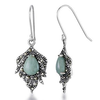 Tori Hill Sterling Silver Genuine Marcasite and Green Jade Teardrop Fringe Dangle Earrings