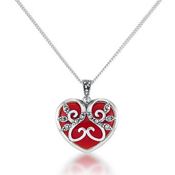 Tori Hill Sterling Silver Marcasite & Crystal Heart Pendant Necklace