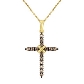 Jewelexcess 14k Rose Gold over Sterling Silver 1/2 Carat T.W. Champagne & White Diamond Micro Prong Cross Pendant Necklace