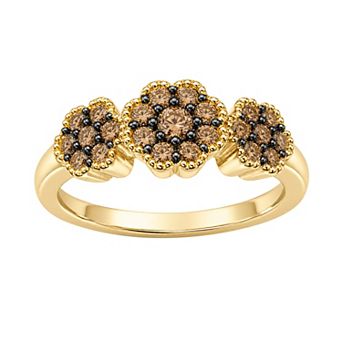 Jewelexcess 1/2 Carat T.W. Champagne Diamond Triple Floral Cluster Ring