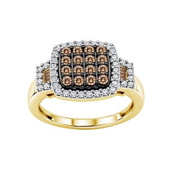 Jewelexcess 14k Rose Gold over Sterling Silver 1 Carat T.W. Champagne & White Diamond Micro Prong Square Ring