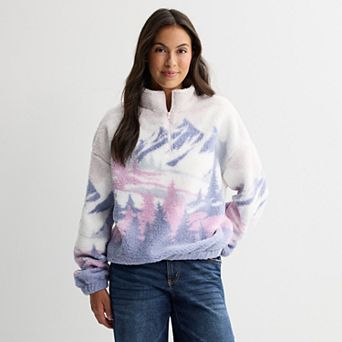 Juniors' Mountain Scene Quarter-Zip Graphic Sherpa Fleece Pullover