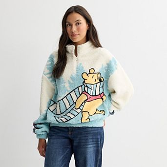 Juniors' Disney's Winnie The Pooh Quarter-Zip Graphic Sherpa Fleece Pullover