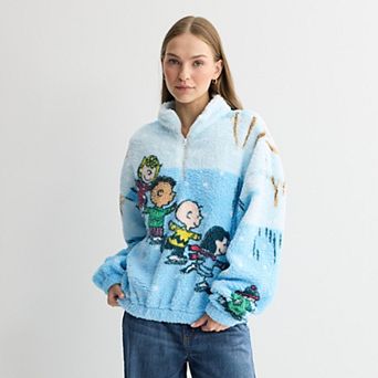 Juniors' Peanuts Ice Skating Quarter-Zip Graphic Sherpa Fleece Pullover