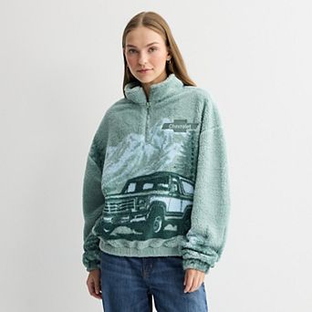 Juniors' Chevrolet Truck Winter Mountain Scene Quarter-Zip Graphic Sherpa Fleece Pullover