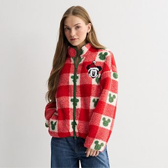 Juniors' Disney's Mickey Mouse Christmas Check Plaid Full-Zip Graphic Sherpa Fleece Pullover